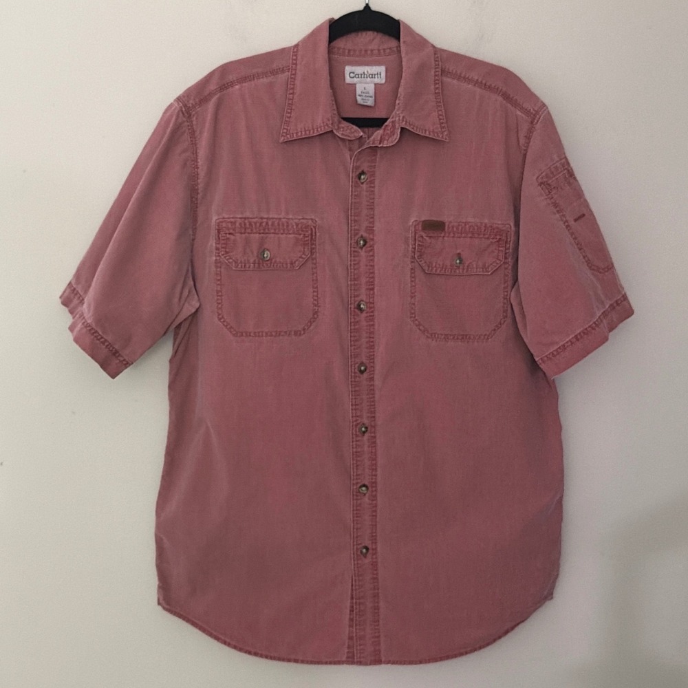 Carhartt Ripstop Short Sleeve Button Down Shirt Men Large Red Workwear Cotton